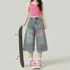 Jeans Casuais Graffiti Estilo Americano para Mulheres, Primavera/Verão 2026, Calça Cropped de Perna Larga Solta Reta Estilo de Rua