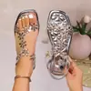 Nuevas~ Estilo Nuevo Transfronterizo Talla Grande Floral Tacón Plano Estilo Hada Correa Transparente Casual Versátil Multicolor Punta Cuadrada Sandalias Planas