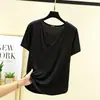 Camiseta Modal de Caimento Solto para Mulheres, Novo Estilo de Verão, Tamanho Grande, Emagrecedora, Decote V Profundo, Manga Curta, Blusa Básica Lisa para Mulheres