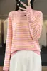 Blusas de punto de algodón de color liso para mujer para primavera y otoño, de manga larga con cuello redondo a rayas, venta al por mayor de comercio exterior
