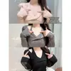 Top de punto retorcido con hombros descubiertos para mujer Estilo Deseo Puro Primavera y Otoño Diseño Adelgazante Hermoso Muy Atractivo Top de Manga Larga Capa Base