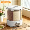 Contenedor de arroz giratorio compartimentado para uso doméstico, a prueba de humedad y a prueba de insectos, caja de almacenamiento de arroz sellada con múltiples compartimentos para clasificar granos, dispensador de arroz con función de presionar para dispensar