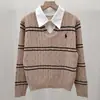 Camisa de malha com lapela e falso duas peças, retalhos listrados, estilo faculdade, temperamento versátil, novo top