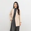 Outono e Inverno Elegante Comprimento Médio Gola de Terno Dupla Face 100% Lã Pura Peça Externa Feminina Raglan Slim Cadarço Jaqueta Cardigan