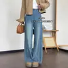Calça jeans de maternidade para primavera e outono, calça de perna larga com corte solto, cós elástico, cordão e design até o chão