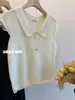 Polo de Lapela Cinza Francês em Seda Gelo Camiseta de Manga Curta Feminina Verão Manga Pequena Voadora Ombro Top Tricotado Fino