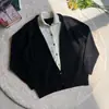 Cardigan estilo retrô americano com gola virada, suéter falso de duas peças para homens e mulheres, jaqueta de tricô casual simples e preguiçosa para casal, para o dia a dia
