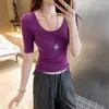 Camiseta Básica de Lyocell Estilo Coreano, Cuello en U Simple, Manga Media, Amigable con la Piel, Transpirable, Corte Ajustado, Favorecedora y Versátil