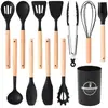 Conjunto de Utensílios de Cozinha, Conjunto de Utensílios de Cozinha para Cozinhar, Colher, Espátula, Resistente ao Calor, 12 Peças, Antiaderente, Silicone de Grau Alimentício e Cabos de Madeira, Conjunto de Ferramentas de Cozinha