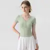 Roupa de Yoga para Mulheres, Nova Camiseta de Yoga de Manga Curta Estilo Verão com Botões, Top Esportivo Justo para Corrida, Treinamento de Pilates