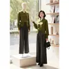 Conjunto de Tricô com Lapela Verde e Calça Wide Leg para Mulheres 2025 Outono e Inverno Novo Conjunto Casual Slim de Duas Peças de Alta Qualidade