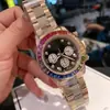Color Dorado Correa de Diamantes Diamantes Arcoíris Movimiento Inglés Acero Inoxidable Reloj Calendario Semana Esfera de Segundos Reloj Danny Road