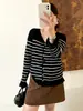 Cárdigan de punto a rayas con volantes para mujer talla grande 2026 otoño versátil top ajustado para mujer talla grande 25030