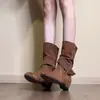 Primer Encuentro Temporada Temperamento Francés de Nicho Tacón Grueso Hebilla Media Caña Otoño/Invierno Fruncido Gamuza Botas de Moda Versátiles para Mujer