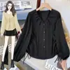 Camisa adelgazante estilo francés con cuello en V, cordón fruncido en las mangas largas y diseño único