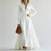 Comercio exterior transfronterizo verano europeo y americano nuevo estilo vestido camisa de manga larga para mujer con cuello camisero, botones, entallado en la cintura y falda larga elegante