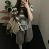 Foto real de la nueva camiseta de manga corta ajustada de cuello redondo a rayas blancas y negras de alta gama para mujer de Dongdaemun, Corea, otoño 2026
