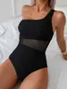 Traje de Banho Peça Única Cor Sólida Estilo Novo Europeu e Americano para Mulheres, Alça Única no Ombro, Transparente, Roupa de Banho Emagrecedora