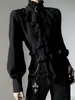 Camisa Retro Francesa com Gola Alta para Homens e Mulheres com Design de Fita, Efeito Emagrecedor, Estilo Unissex, Camisa de Manga Longa, Estilo Fino de Verão