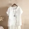 2024 Europeu e Americano Feminino Amazon Botão Manga Curta Casual Férias Rua Gola Redonda Regular Algodão e Linho Top Camiseta