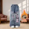 Calça Jeans Forrada com Fleece para Meninas 2026 Novidades de Inverno Calça Wide Leg com Bordado de Coração Calça Longa Quente de Fleece Infantil Tamanho Médio e Grande