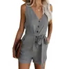 Mono de color liso europeo y americano para mujer Amazon 2025 Verano Nuevo Casual Cuello en V Lazo Pantalones Cortos de Cinco Puntos para Mujer