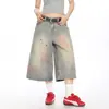 Shorts Jeans de Verão Novo Estilo para Mulheres, Estilo Americano Streetwear, Tingimento Sujo, Design Lavado e Desgastado, Calça Cropped Casual Solta