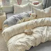 Juego de ropa de cama a rayas de cuatro piezas de algodón de grado A, funda de edredón individual de gasa de doble capa de algodón puro, juego de tres piezas de sábana para cama de dormitorio de estudiante, sábana bajera 4