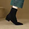 Botines de Punta Fina Elásticos Adelgazantes Estilo Otoño 2026 para Mujer Tacón Bajo Estilo Otoño/Invierno Gamuza Versátiles Tacón Grueso Cremallera Trasera