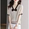 Tejido de Punto de Seda de Hielo Camiseta de Manga Corta para Mujer 2025 Nuevo Verano Holgada Talla Grande Cubre Vientre Aspecto Adelgazante Top con Lazo
