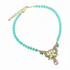 Qingdao Estilo Vintage Vintage Incrustado com Zircônio Colorido Azul Pena de Pavão Rosa Pedra Preciosa Brincos Colar Conjunto de Joias Femininas