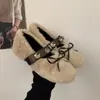 Sapatos Mary Jane com Laço de Strass e Pelo para Mulheres Outono e Inverno 2025 Novos Sapatos Baixos de Boca Rasa Forrados com Lã Vermelhos