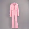 Cardigan de Encaje Cruzado Otoño Nuevo Fino con Cordones Traje de Pantalón de Manga Larga Casual y Cómodo Ropa para el Hogar Pijamas para Mujer
