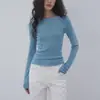 Suéter de Punto Azul Delgado para Mujer, Mes Octavo Agosto, Manga Larga, Cuello Redondo, Top Base Adelgazante