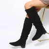 Botas Western Femininas 2022 Outono Comércio Exterior Estilo Britânico Retro Salto Grosso Bico Fino até o Joelho Botas Camurça Moda