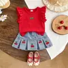 Ins verão transfronteiriço novo conjunto de colete com babados bordado de cereja para meninas + shorts jeans plissados atacado