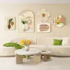 Pintura decorativa de flores para sala de estar moderna e minimalista, mural para parede de fundo de sofá, combinação de relógio de florzinha estilo nórdico creme, pintura para pendurar