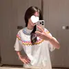 Camiseta de Manga Corta con Estampado Fair Isle Retro Americano para Mujer, Verano de Alta Gama Algodón Puro Versátil Estilo Novio Perezoso Holgado