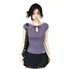 Camiseta Morada de Manga Corta con Encaje Hueco y Cordones Estilo Americano Picante para Mujer, Diseño Fruncido de Verano, Ceñida a la Cintura, Adelgazante, Top de Hombro Regular