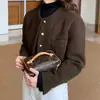 Casaco curto de tweed casual chique com gola redonda de abotoamento simples, estilo francês, feminino, de Dongdaemun, Coreia