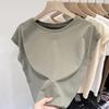 Camiseta de tirantes para mujer, nueva camiseta de algodón de cuello redondo de color liso de primavera 2025, con mangas abullonadas y holgada que cubre el vientre.