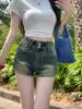 Shorts de Mezclilla Azules Vintage con Dobladillo para Mujer Verano Pequeños de Chica Atrevida Cintura Alta Rectos Ajustados Casuales Pantalones Cortos Atrevidos