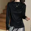 Camisa Básica de Satén de Acetato de Gama Alta con Cuello Drapado de Tacto Suave y Mangas Largas para Mujer, Nuevo Estilo Primavera 2026 con Diseño Fruncido, Camiseta Elegante