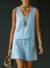 2026 Verano Nuevo Estilo Casual Sin Mangas Lino Algodón Top Chaleco Pantalones Cortos Conjunto de Dos Piezas para Mujer Personalización