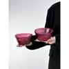 Estilo Ins Vermelho Rosa Padrão Vertical Copo de Sorvete Copo de Iogurte Doméstico Tigela de Sobremesa Tigela de Café da Manhã Tigela de Salada Copo Alto de Vidro