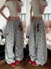 Calça Casual Estampa Completa de Patinha de Cachorro Design Retrô Americano para Mulheres Outono Inicial Novo Cordão Calça de Perna Larga Comprimento Total