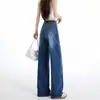 Jeans Retro Elásticos de Cintura Alta Rectos de Pierna Ancha para Mujer Otoño Nuevo Estilo Personalidad Tachonados Versátiles Pantalones Rectos de Pierna Ancha