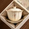 Cuenco de té chino de tres piezas con tapa de orquídea glaseada de arroz amarillo, tazón de té de gran capacidad para el hogar con tapa, juego de té de Kung Fu no caliente