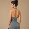 Dfyne Impact Ropa de Yoga Top Largo sin Costuras de Cuello Halter con Tres Capas y Almohadillas en el Pecho, Alta Elasticidad, Espalda Hermosa, Ajustado Diseño Personalizado