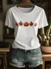 Camiseta Feminina de Verão Casual, Confortável, Leve e Respirável, com Estampa de Abóbora e Folha de Bordo, Gola Redonda, Manga Curta, Estilo Novo 2025